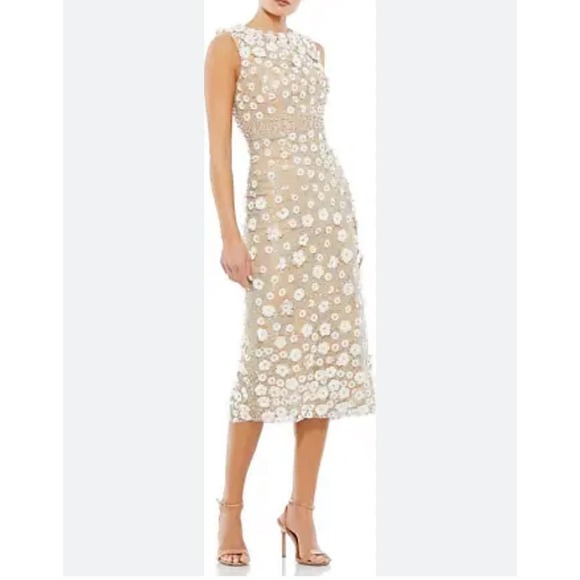 Mac Duggal Beaded Floral Appliqué Midi Sheath Formal/Prom Dress Nude Size 10 NWT - Picture 2 of 11